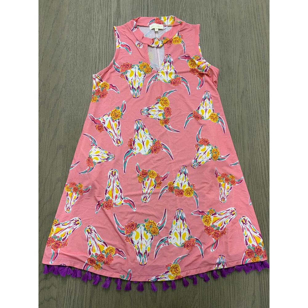 Simply Southern Pink Steer Skull Sleeveless Dress Women’s Small Pockets